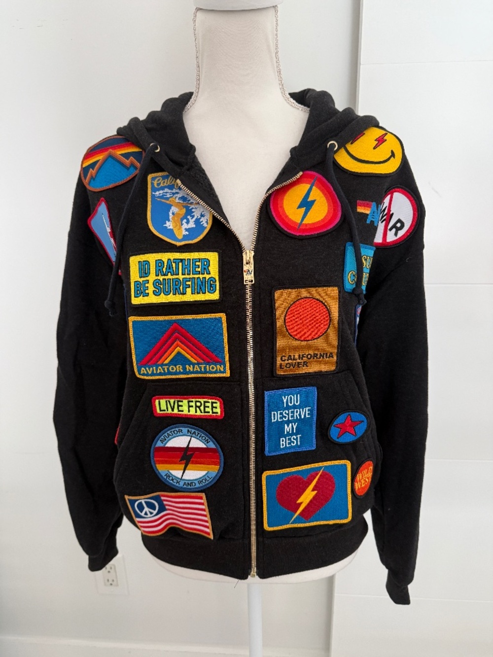 Aviator Nation Vintage Patch Relaxed Black Full Zip Hoodie Sweatshirt Oversized